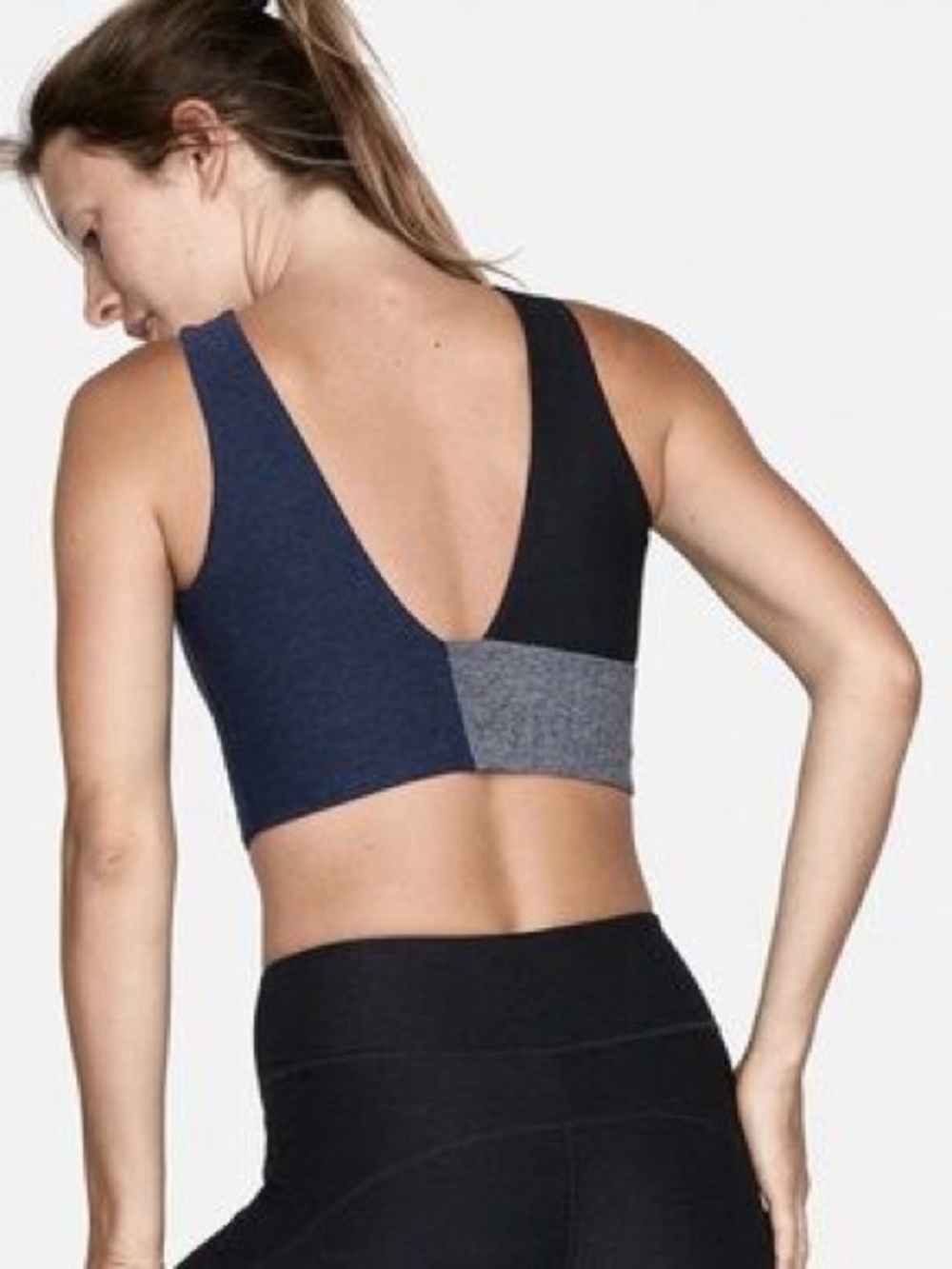 Outdoor Voices Colorblock V-Back Sports Bralette - Navy/Black/Grey
